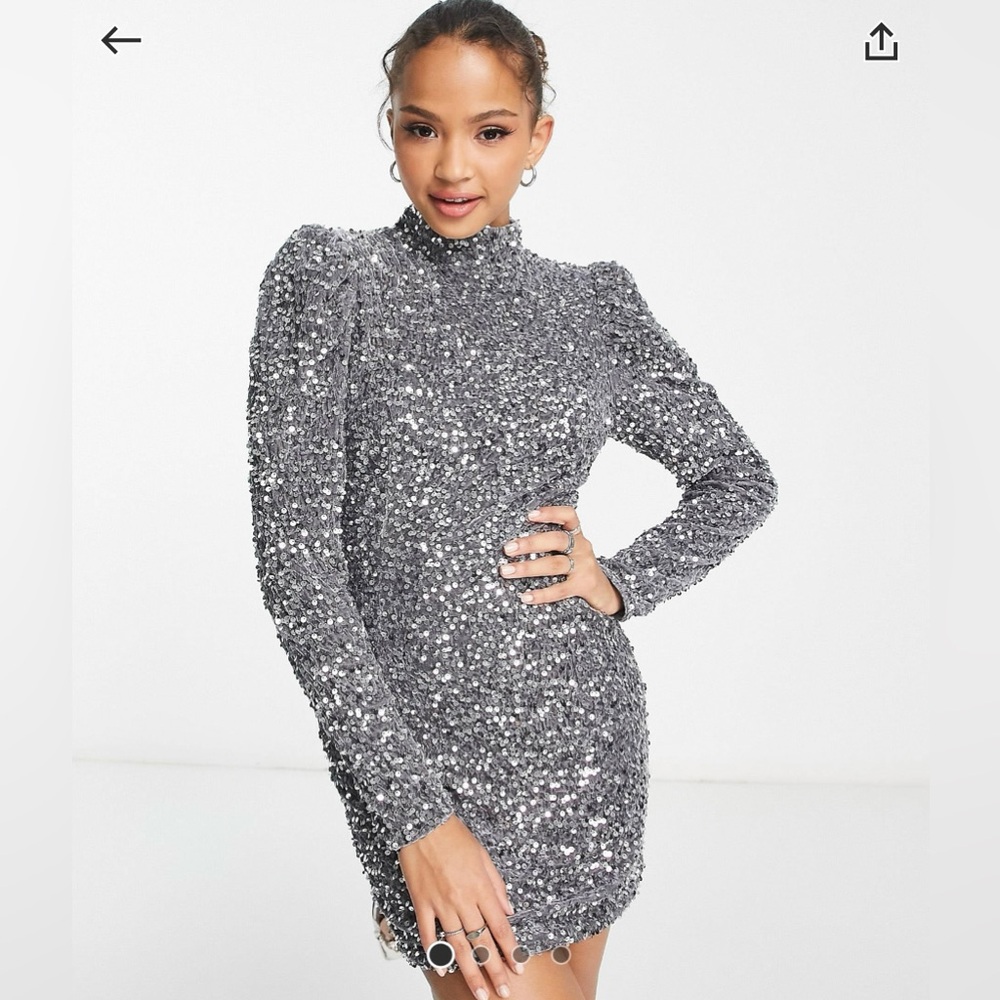 ASOS - Sequin Long Sleeve Mini Dress in Silver